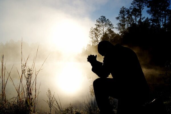 Silhouette of a person kneeling in prayer by a misty lake at sunrise, surrounded by trees and grass.