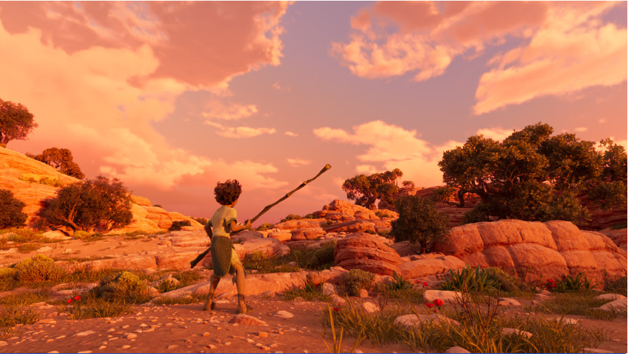 A young adventurer with a staff explores a rocky, sunlit desert landscape under a vibrant sky.
