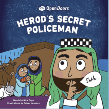 Illustrated cover of Herod's Secret Policeman book with nativity scene and a character saying Shhh...