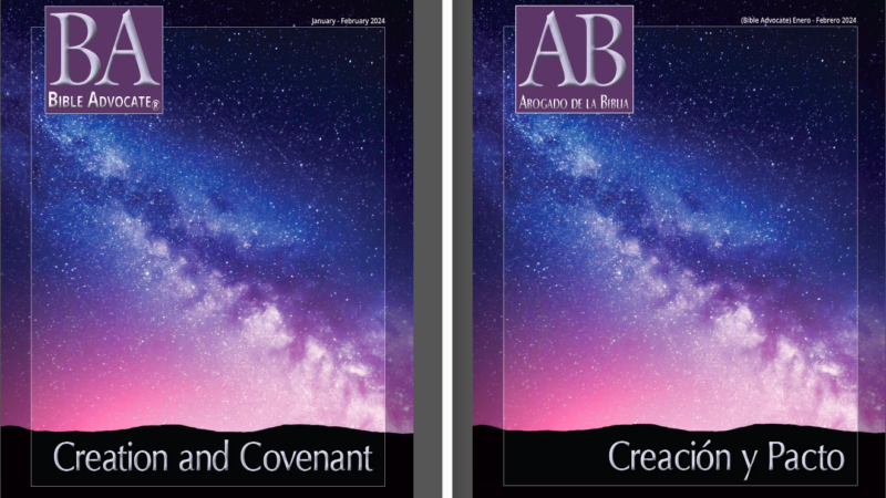 Bible Advocate magazine covers with starry sky theme, titled Creation and Covenant and Creación y Pacto.