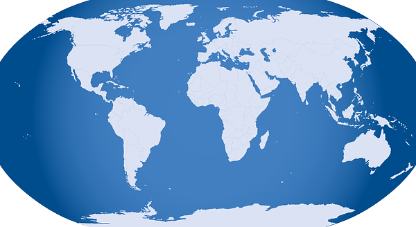 World map illustration with continents on a blue background. Global geography overview.