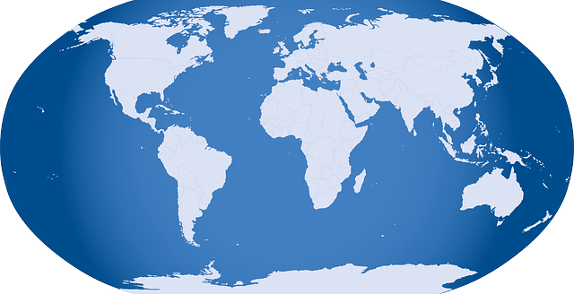 World map illustration with continents on a blue background. Global geography overview.