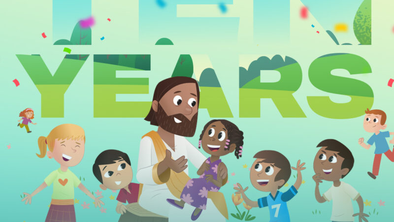 Celebrating 10 years with Bible App for Kids &ndash; cartoon Jesus with happy children, confetti in the background.
