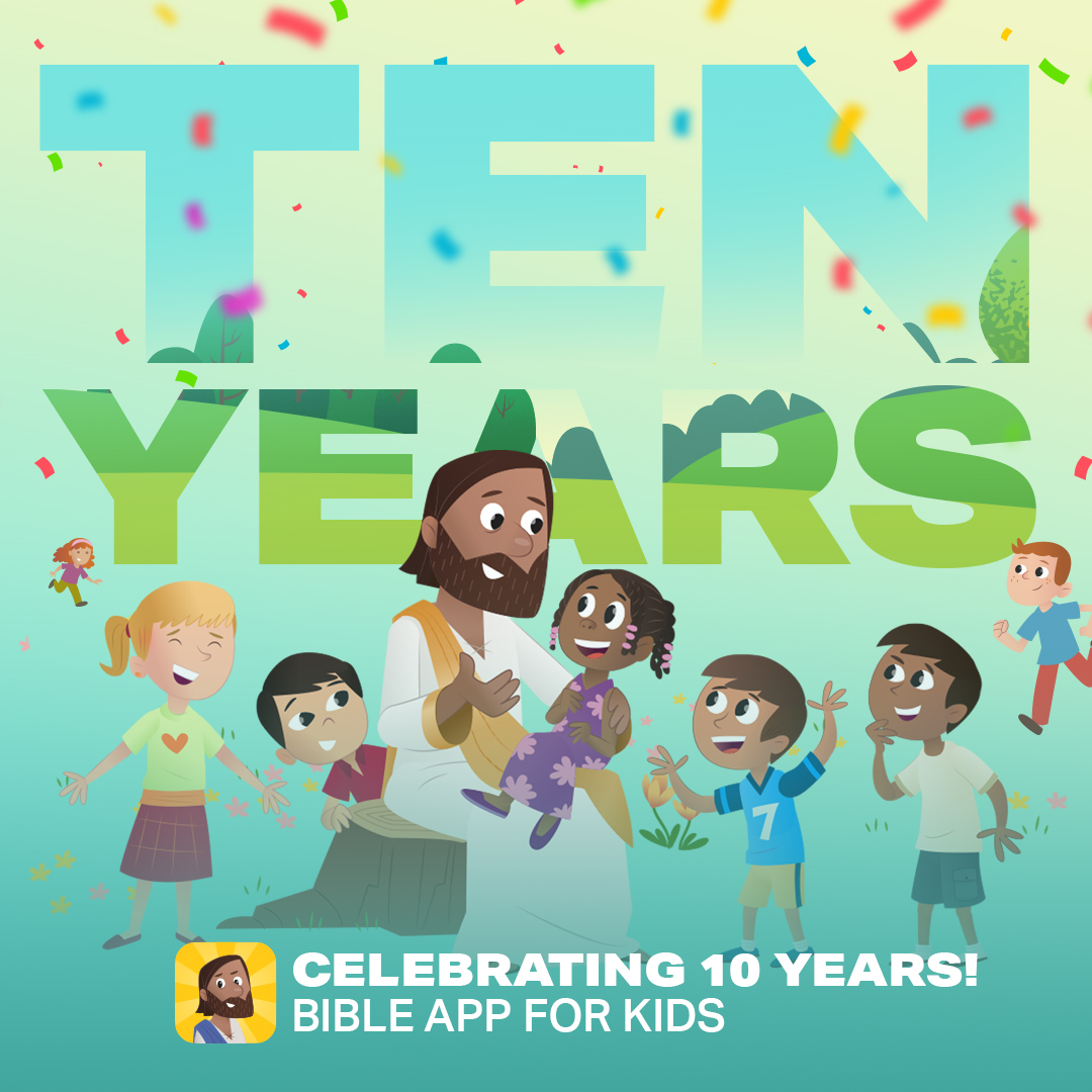 Celebrating 10 years with Bible App for Kids &ndash; cartoon Jesus with happy children, confetti in the background.