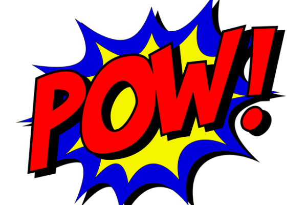 Comic-style POW! explosion in vibrant red, yellow, and blue colors, evoking action and excitement.