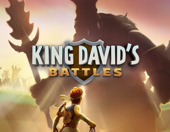 King David's Battles game cover, featuring a warrior facing a giant shadow at sunset.