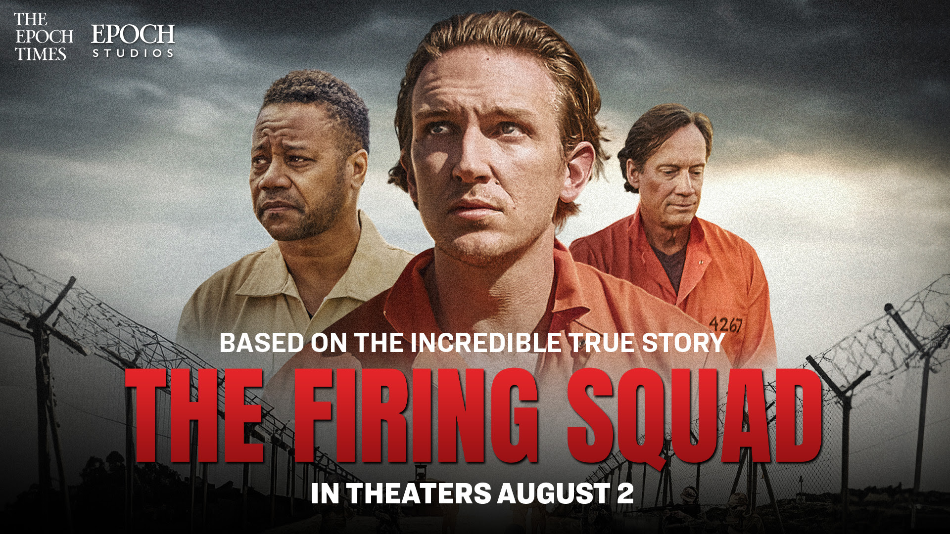 The Firing Squad movie poster, featuring three men in prison attire, releases August 2. Based on a true story.