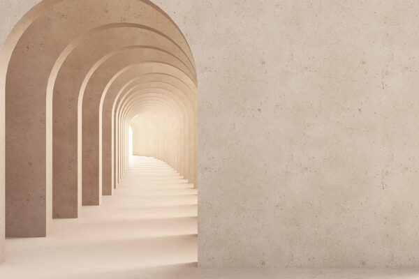 Classic metaphysics surreal interior design, imaginary fictional architecture. Archway with beige marble walls. Move forward, opportunities, future concept with copy space