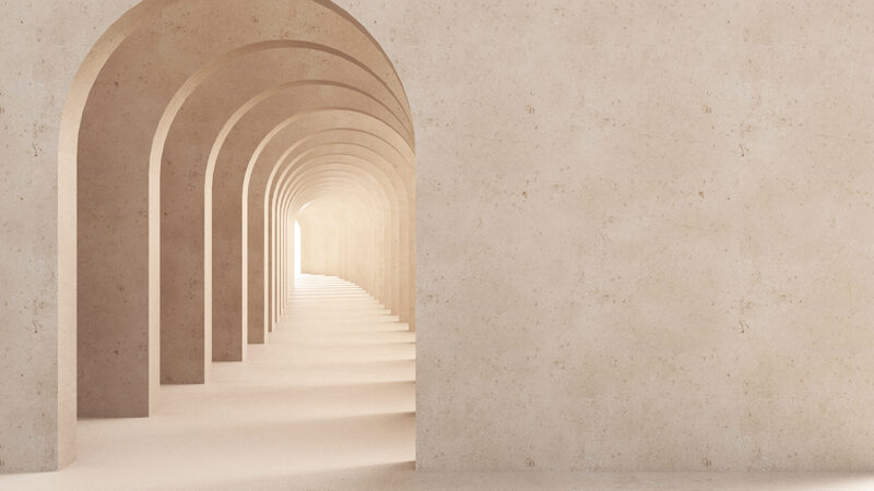 Classic metaphysics surreal interior design, imaginary fictional architecture. Archway with beige marble walls. Move forward, opportunities, future concept with copy space