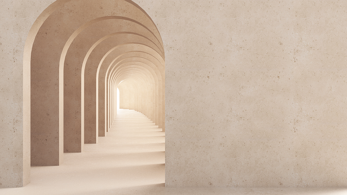 Classic metaphysics surreal interior design, imaginary fictional architecture. Archway with beige marble walls. Move forward, opportunities, future concept with copy space